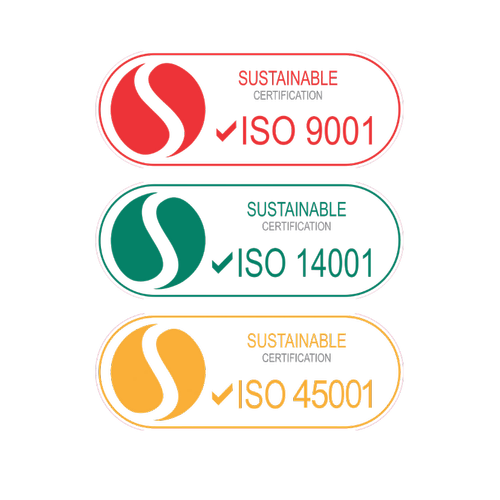 ISO 9001, ISO 14001 and ISO 45001 certification badges